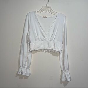 Altar’d State White V Neck Smocked Ruffle Cinch Bottom Crop Top M FLAW